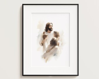 Jesus brincando com crianças, Retrato de Jesus, Pintura de Jesus, Impressão de Jesus, Arte de parede de Jesus, Arte bíblica infantil, Aquarela de Jesus, decoração para casa