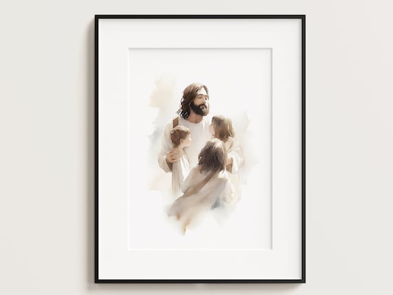 Jesus Playing with Children, Jesus Portrait, Jesus painting, Jesus print, Jesus wall art, Kids Bible Art, Jesus Watercolor, home decor