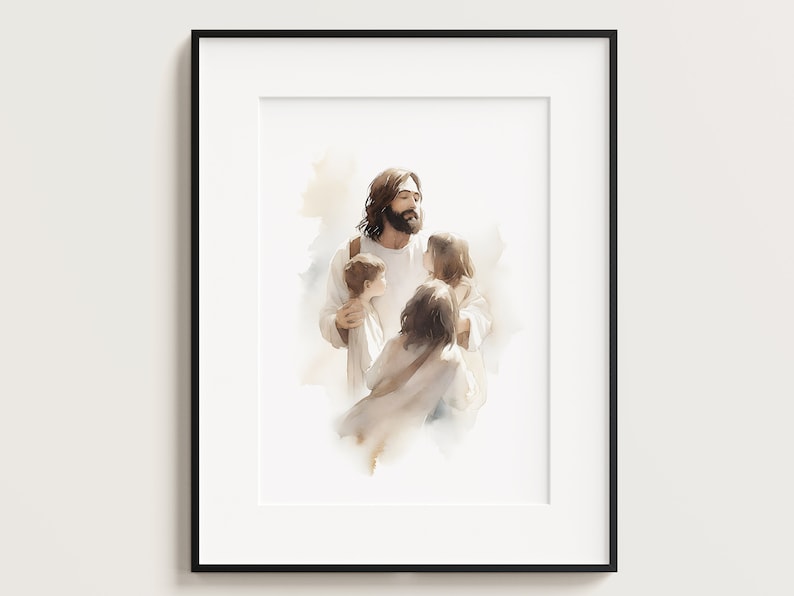 May include: A watercolor painting of Jesus with three children. Jesus is wearing a white robe and has a beard. The children are all wearing white clothing and are looking up at Jesus. The painting is set against a white background.