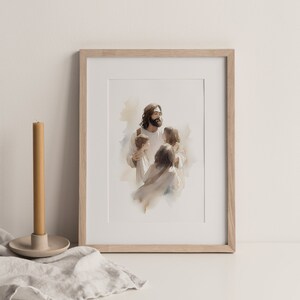May include: A watercolor painting of a man with long brown hair and a beard holding three children. The man is wearing a white robe and the children are wearing white clothing. The painting is framed in a light wood frame.