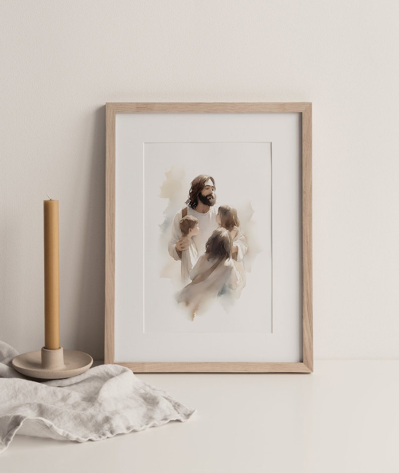 May include: A watercolor painting of a man with long brown hair and a beard holding three children. The man is wearing a white robe and the children are wearing white clothing. The painting is framed in a light wood frame.