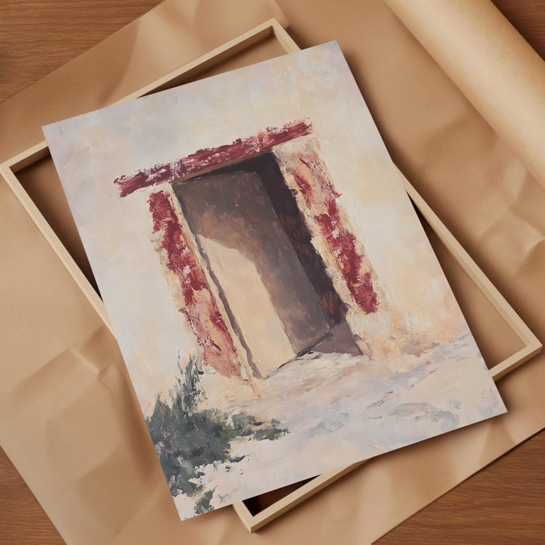Pode incluir: Uma pintura de uma porta com um arco de padr&atilde;o vermelho e branco. A porta est&aacute; aberta e a luz brilha atrav&eacute;s da abertura. O fundo &eacute; de cor bege claro.