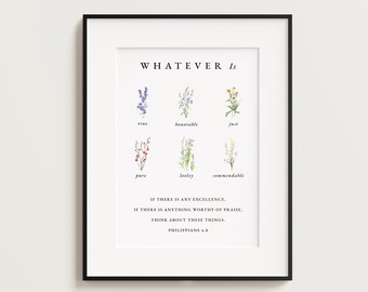Philippians 4:8, Scripture, Vintage, Christian Wall Art, Wild Flower, Daisy, Wall Art Modern, Floral Print, Vintage Art Print, Flower Poster