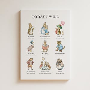 May include: A framed print with the text "TODAY I WILL" and illustrations of storybook characters. The print features various characters with phrases like "Be Myself" and "Be Brave". The artwork is in soft pastel colors.