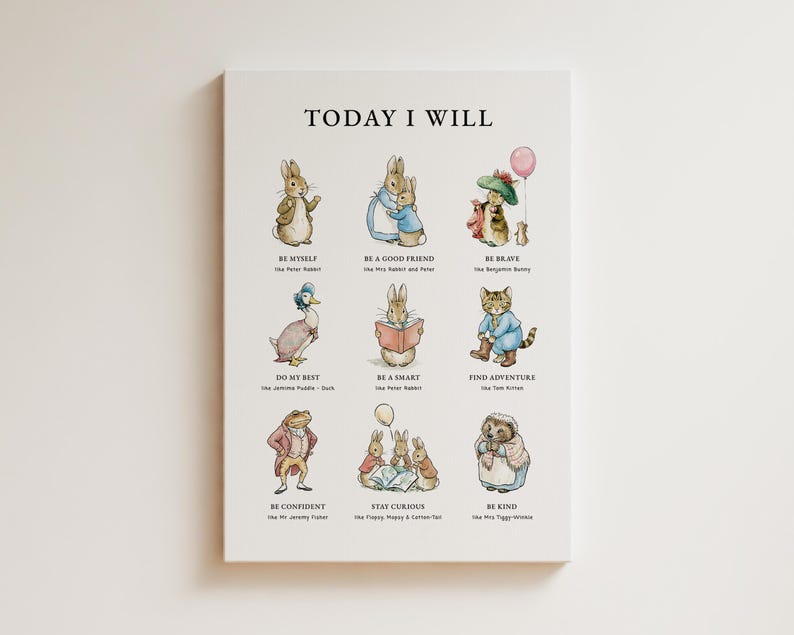 May include: A framed print with the text "TODAY I WILL" and illustrations of storybook characters. The print features various characters with phrases like "Be Myself" and "Be Brave". The artwork is in soft pastel colors.