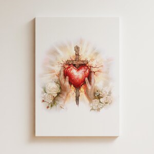 Pode incluir: Uma pintura de um cora&ccedil;&atilde;o vermelho atravessado por uma cruz de madeira, rodeado de rosas brancas e uma luz radiante. O cora&ccedil;&atilde;o &eacute; segurado por duas m&atilde;os, simbolizando a f&eacute; e o sacrif&iacute;cio.