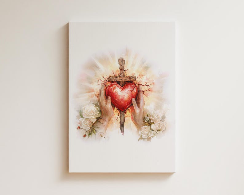 Pode incluir: Uma pintura de um cora&ccedil;&atilde;o vermelho atravessado por uma cruz de madeira, rodeado de rosas brancas e uma luz radiante. O cora&ccedil;&atilde;o &eacute; segurado por duas m&atilde;os, simbolizando a f&eacute; e o sacrif&iacute;cio.