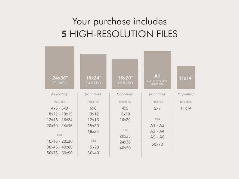 May include: A chart showing five different sizes of high-resolution files available for purchase. The sizes are 24x36 inches, 18x24 inches, 16x20 inches, A1 (ISO-International paper size), and 11x14 inches. Each size is listed with the corresponding aspect ratio and a list of common print sizes in inches and centimeters.