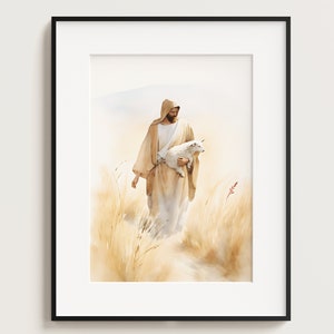 Jesus and the Lamb, Parable of the Lost Sheep, Jesus Portrait, Jesus Printable, Jesus art, Jesus wall art, home decor, Boho Art