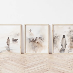 Set of 3 Jesus Art Prints, Jesus Walking on Water, Cross Crucifixion, Jesus print, Jesus Boho Art, Jesus wall art, Jesus Art, Jesus Portrait
