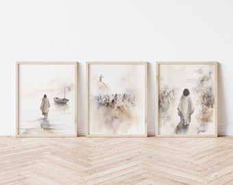 Set van 3 Jezus kunstafdrukken, Jezus loopt op het water, kruis kruisiging, Jezus print, Jezus bohokunst, Jezus kunst aan de muur, Jezus kunst, Jezus portret