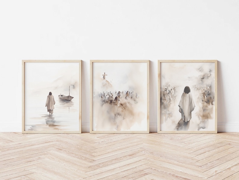 Set of 3 Jesus Art Prints, Jesus Walking on Water, Cross Crucifixion, Jesus print, Jesus Boho Art, Jesus wall art, Jesus Art, Jesus Portrait image 1