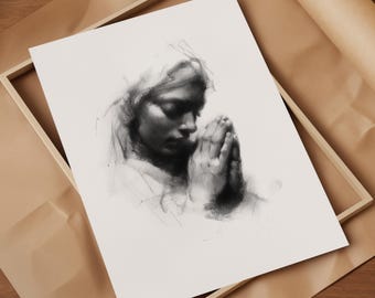 Beten ohne Unterlass, betende Kunst, betende Hände Zeichnung, christliche Wandkunst, religiöse druckbare Kunst, quadratischer Druck, Skizze Kohlezeichnung