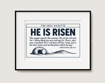 He is Risen, He is Not Here He Has Risen, Matthew 28:6, Printable, Easter Bible Verse Wall Art, Christian Print, News Paper Art