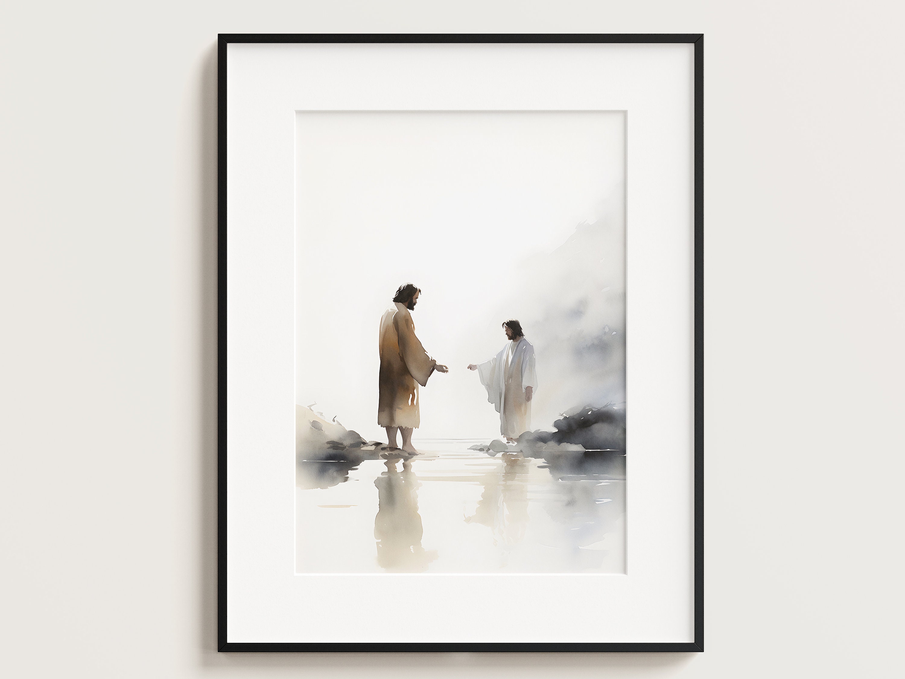 Jesus Baptism by John, Digital Print Download, Watercolour Wall Art, Jesus Printable Wall Art, Bible Christian Gift, Boho Art, Jesus Art