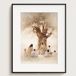 Jesus Sitting with Children, Jesus Portrait, Jesus painting, Jesus print, Jesus wall art, white Jesus, Jesus watercolor, home decor