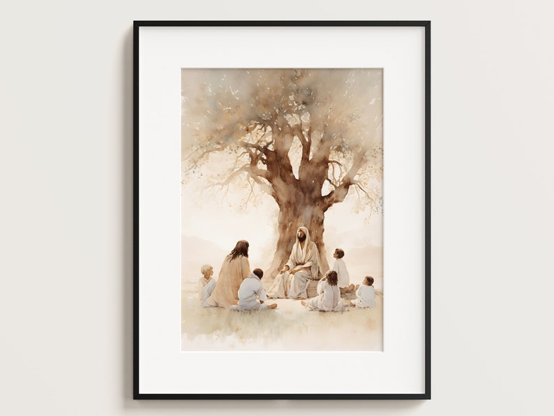 May include: A watercolor painting of Jesus sitting under a tree with children around him. The painting is in shades of brown and beige.