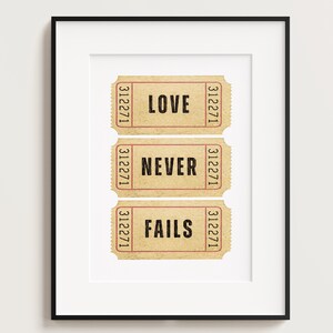 Billet Love Never Fails, 1 Corinthiens 13:8, art mural foi chrétienne, art mural Jésus, carte chrétienne d'encouragement, foi amour jamais échoue