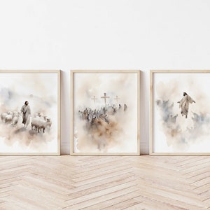 Conjunto de 3 Jesús con ovejas, Crucifixión en tres cruces, Ascensión de Jesús, Impresión de Jesús, Boho, Arte mural de Jesús, Arte de Jesús, Retrato de Jesús