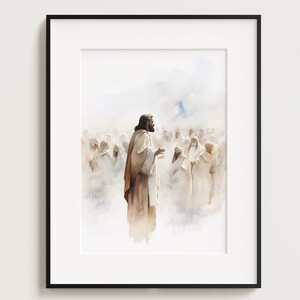 May include: A watercolour painting of a man in a white robe speaking to a crowd of people. The man is standing in front of the crowd, and the people are all looking up at him. The background is a light blue sky with white clouds.