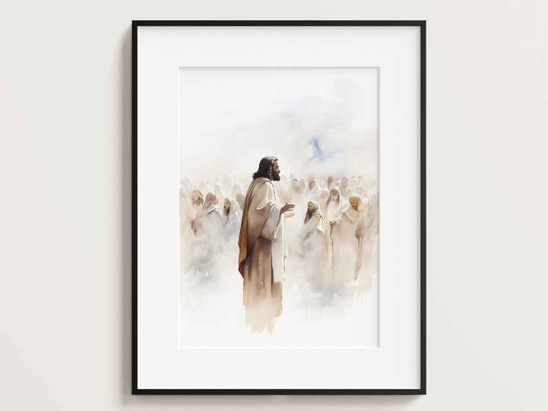 May include: A watercolour painting of a man in a white robe speaking to a crowd of people. The man is standing in front of the crowd, and the people are all looking up at him. The background is a light blue sky with white clouds.