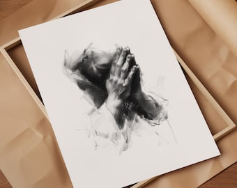 Beten ohne Unterlass, betende Kunst, betende Hände Zeichnung, christliche Wandkunst, religiöse druckbare Kunst, quadratischer Druck, Skizze Kohlezeichnung