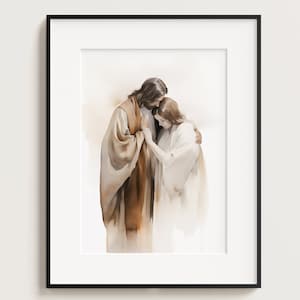 Jesus Hugging Woman, Printable Download, Watercolour Wall Art, Bible Christian Gift, Boho Art, Jesus Art, Jesus Portrait, Bible Art