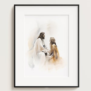 Jesus Praying with Woman, Printable Download, Watercolour Wall Art, Bible Christian Gift, Boho Art, Jesus Art, Jesus Portrait, Bible Art