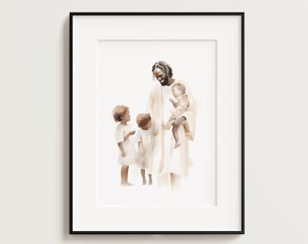 Black Jesus with Children Watercolor Art Print (Digital Download)