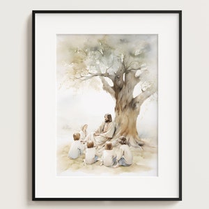 Jezus onderwijst kind, Jezus portret, Jezus schilderij, Jezus print, Jezus kunst, Jezus kunst aan de muur, witte Jezus, Jezus aquarel, home decor