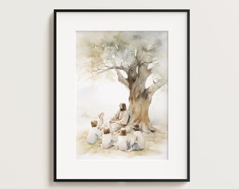 Jesus Teaching Child, Jesus Portrait, Jesus painting, Jesus print, Jesus art, Jesus wall art, white Jesus, Jesus watercolor, home decor