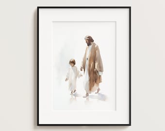 Christ with Boy, Jesus Portrait, Jesus painting, Jesus print, Jesus art, Jesus wall art, Jesus faceless, Jesus watercolor, home decor