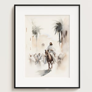 Jesús entrando en Jerusalén, palma, retrato de Jesús, pintura de Jesús, impresión de Jesús, arte de Jesús, arte de pared de Jesús, acuarela de Jesús, decoración del hogar