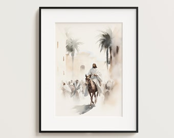 Jesus Riding into Jerusalem, Palm, Jesus Portrait, Jesus painting, Jesus print, Jesus art, Jesus wall art, Jesus watercolor, home decor