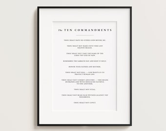 May include: A black and white printable poster with the text "The Ten Commandments" and a list of the Ten Commandments in a simple, modern font.
