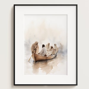 Jesus in Fishing Boat with Disciples, Jesus Portrait, Jesus painting, Jesus print, Jesus art, Jesus wall art, white Jesus, Jesus watercolor