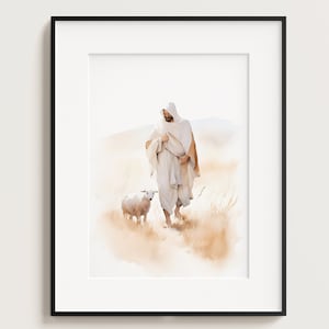Jesus Leaves the 99, Parable Lost Sheep, Landscape, Lamb, Jesus Portrait, Jesus Printable, Jesus wall art, Watercolor, Home Decor, Boho Art