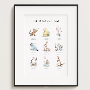 Classic Winnie the Pooh Wall Art, God Says I Am, Biblical Affirmations, Christian Nursery Decor, Digital Download, Scripture, Bible Verses