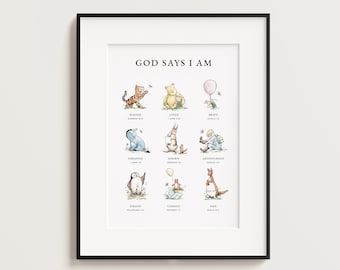 Classic Winnie the Pooh Wall Art, God Says I Am, Biblical Affirmations, Christian Nursery Decor, Digital Download, Scripture, Bible Verses