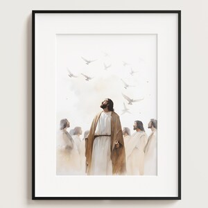 May include: A watercolour painting of a man in a white robe with a brown sash, surrounded by other people in white robes. The man is looking up at a flock of white doves flying in the sky.