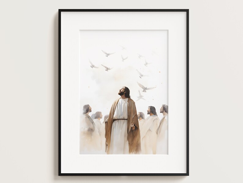 May include: A watercolour painting of a man in a white robe with a brown sash, surrounded by other people in white robes. The man is looking up at a flock of white doves flying in the sky.