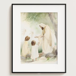 Playing with Children Angels, Jesus Portrait, Jesus painting, Jesus print, Jesus wall art, white Jesus, Jesus watercolor, home decor