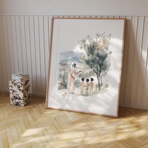 May include: A watercolor painting of a person in a long robe standing in a field with three children. The person is pointing to a tree in the background. The painting is done in soft, muted colors.