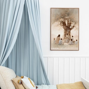 May include: A light blue canopy bed with a white and beige patterned quilt and pillows. A framed watercolor painting of Jesus teaching under a tree hangs on the wall.