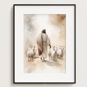 Jesus with Flock of Sheep Print, The Lord is my shepherd, Jesus Portrait, Jesus Printable, Jesus print, Jesus wall art, Jesus art, Boho Art
