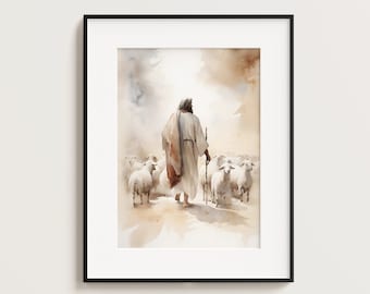 Jesus with Flock of Sheep Print, The Lord is my shepherd, Jesus Portrait, Jesus Printable, Jesus print, Jesus wall art, Jesus art, Boho Art