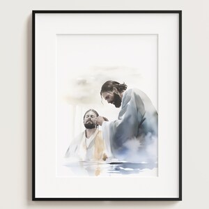 May include: A watercolour painting depicting a man being baptised by another man in a body of water. The painting is done in shades of blue and white, with a soft, ethereal feel.