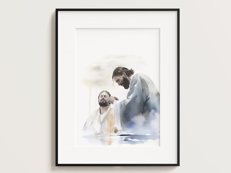 May include: A watercolour painting depicting a man being baptised by another man in a body of water. The painting is done in shades of blue and white, with a soft, ethereal feel.