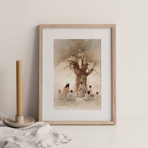 May include: A watercolor painting of Jesus teaching a group of children under a tree. The painting is framed in a light wood frame.