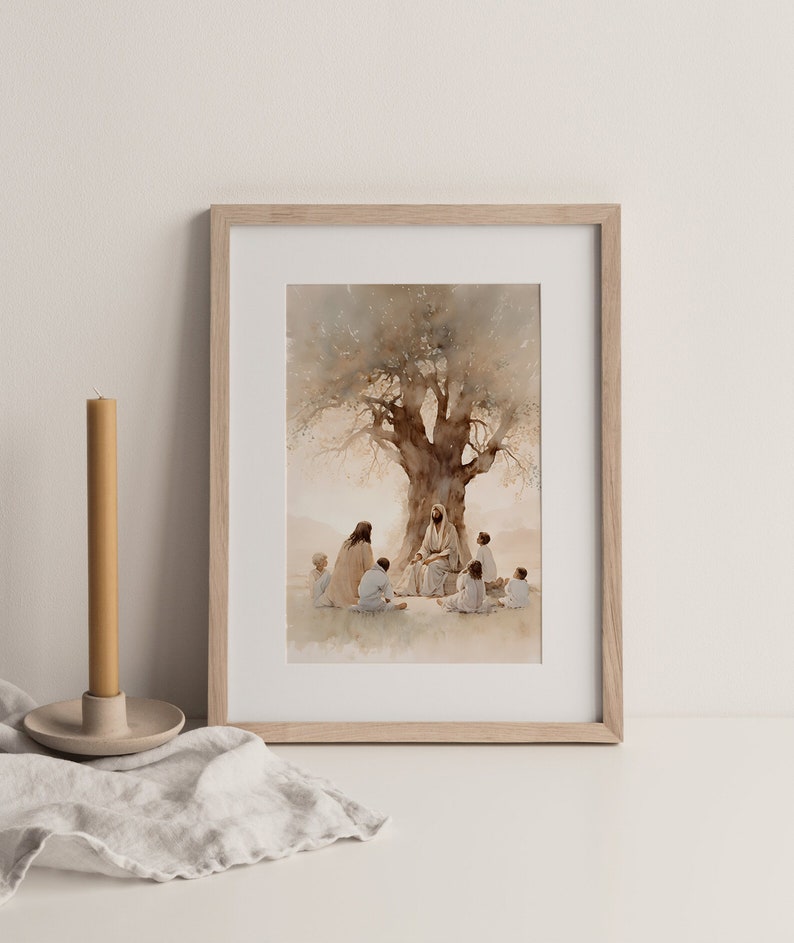 May include: A watercolor painting of Jesus teaching a group of children under a tree. The painting is framed in a light wood frame.